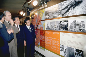 UN Secretary-General Perez de Cuellar at the SGI-sponsored exhibition, â€œNuclear Arms: Threat to our Worldâ€ at the United Nations Headquarters, New York, 1982